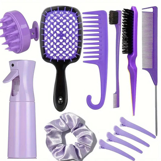 Purple hair styling kit set with detangling brush, combs, spray bottle, hair scrunchie