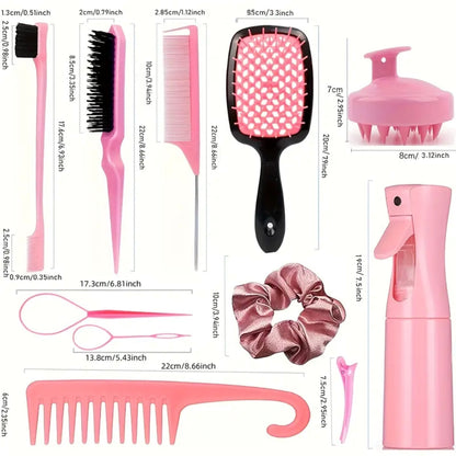 Complete Hair Styling Kit with Detangling Brushes, Combs, Spray Bottle, and Accessories(Purple)