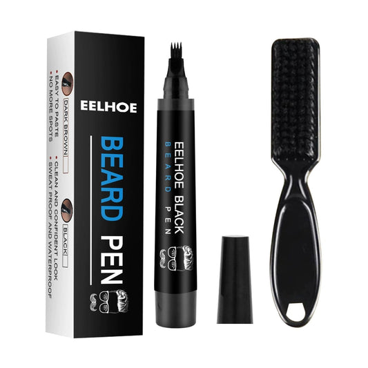 Beard pen filler kit with marker pen, cap, brush applicator, and comb