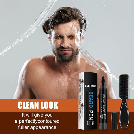 Beard pen filler kit with pen applicator, refill cap, and grooming brush