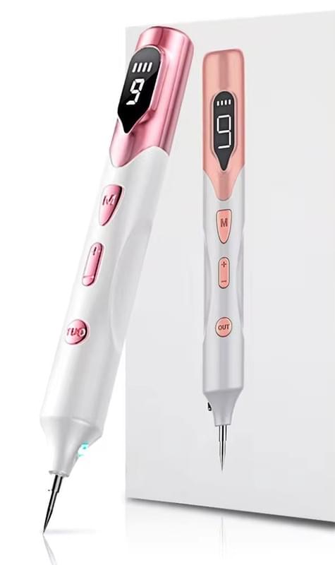 Pink and white skin spot remover pen with pointed tip and charging cable