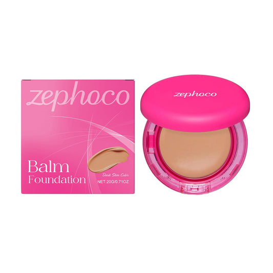 zephroco Balm Foundation compact with pink lid and matching box, deep beige balm