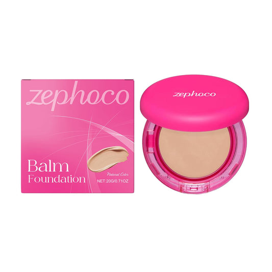Balm foundation compact case with box, pink lid, natural beige shade pan.