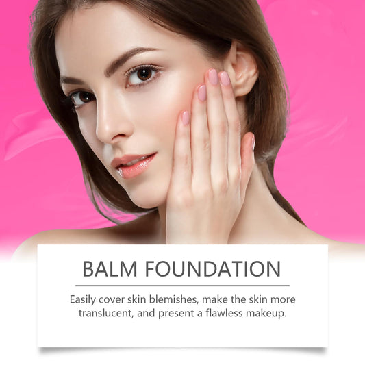 Balm foundation on face as a woman smooths product with fingertips.