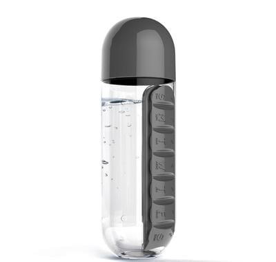Clear water bottle with black lid and 7-day pill organizer compartment