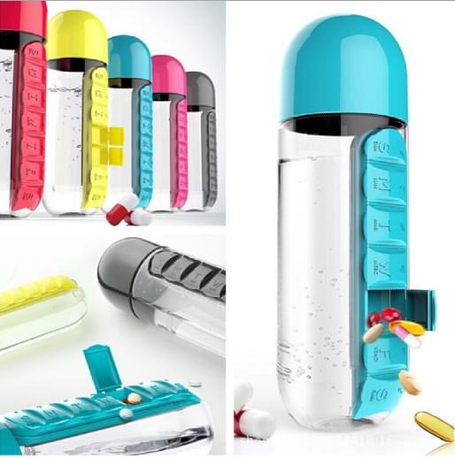Turquoise water bottle with flip-top lid and 7-day pill organizer insert