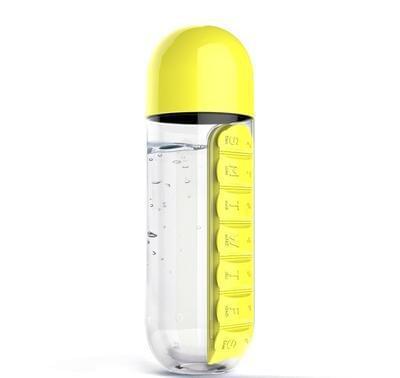 Yellow 600ml water bottle with flip-top pill organizer insert and day labels