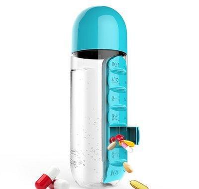 Blue water bottle with built-in pill organizer, clear body and blue lid.