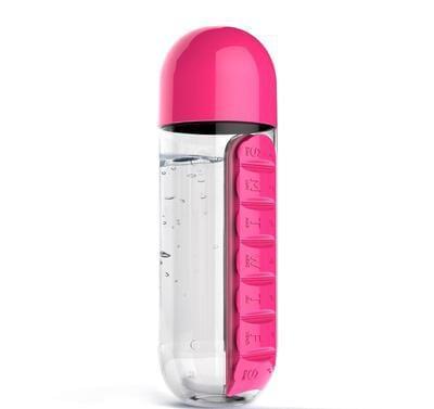 Rose 2-in-1 water bottle with clear body and hinged pink pill organizer tray