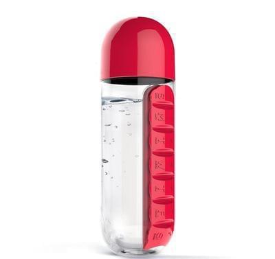 Red water bottle with 7-day pill organizer and flip-up dispenser window