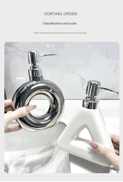 Modern Ceramic Soap & Lotion Dispenser - Unique Geometric Designs, 300ml Capacity(Donut lotion bottle, silver)