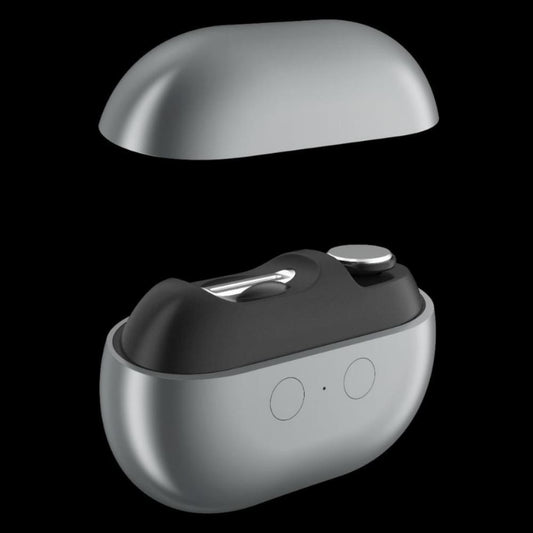 Gray and black electric nail file with domed top and two round control lights