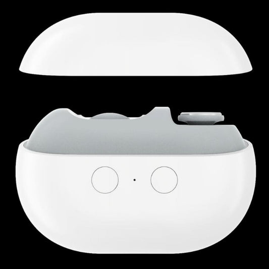 White electric nail file with hinged top cover and two control buttons