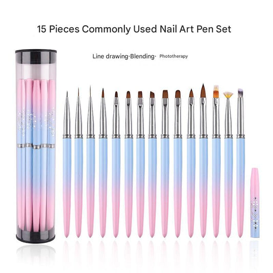 Nail art pen set in storage tube, 15 brushes with silver tips and gradient handles