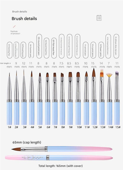Professional Nail Art Brush Kit (15pcs) - Gradient Handles Manicure Tools