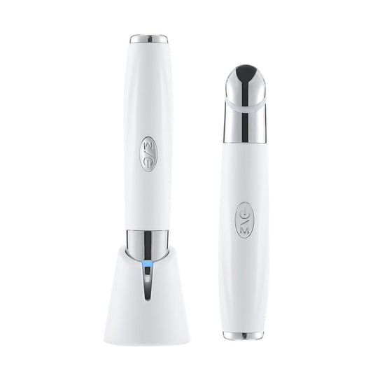 Rechargeable eye care pen with metallic tip and charging base, white and silver.