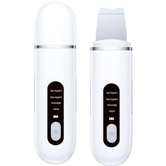 Rechargeable ultrasonic facial spatula cleansing device, white body with control panel