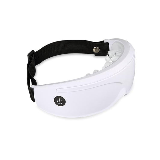 White heated eye massager with black adjustable strap and power button.