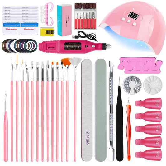 Complete nail manicure kit with pink UV LED lamp, drill, and nail art tools