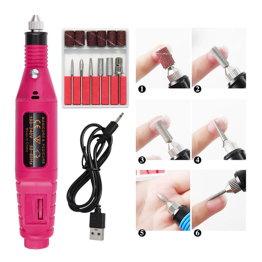 Pink electric nail drill with metal bits and black USB power cord