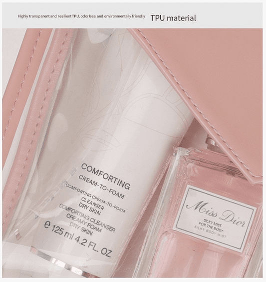 Clear TPU envelope makeup bag with pink-toned interior and product label through window