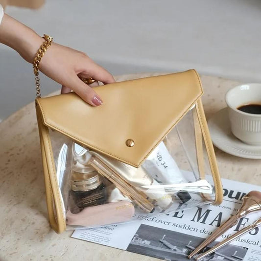 Yellow envelope makeup bag with clear TPU front and front snap closure