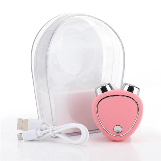 Pink V-shaped facial massager with twin silver rollers, clear protective cover and cord