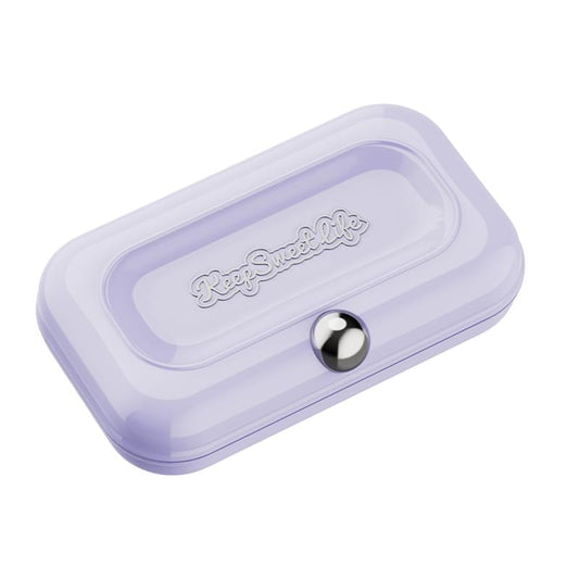 Purple manicure case with embossed logo and silver latch button