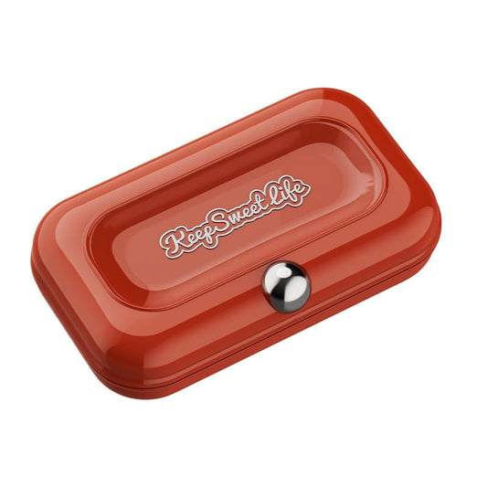 Compact manicure kit case in red with KeepSweetLife logo and silver clasp