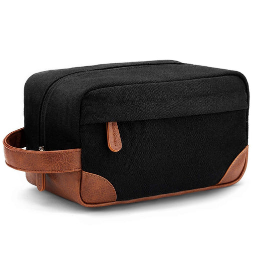 Black canvas large toiletry bag with brown leather trim and top zipper
