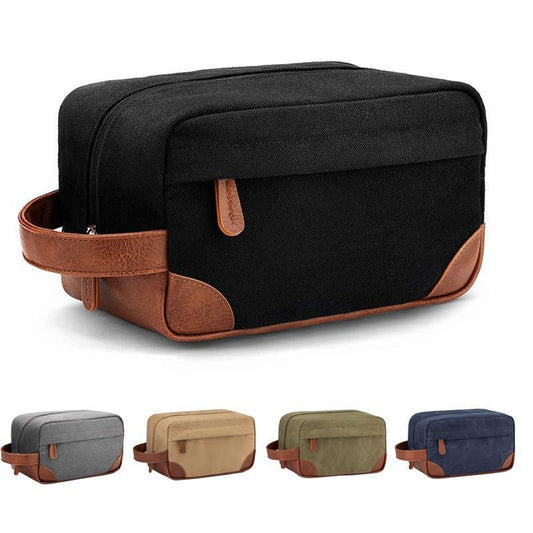 Canvas toiletry bags in multiple colors with leather trim and top zipper