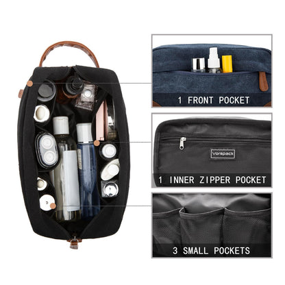 Dark Blue And Brown Men's Canvas Toiletry Bag - Large Capacity Water-Resistant Travel Organizer Dopp Kit with Handle