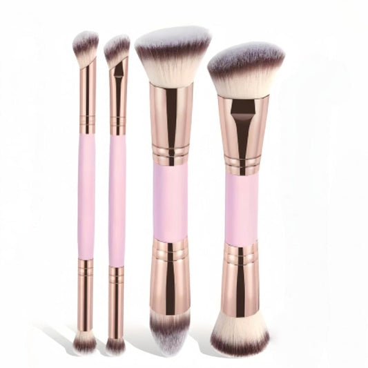 Makeup brush set: four pink dual-ended brushes with gold ferrules and white bristles