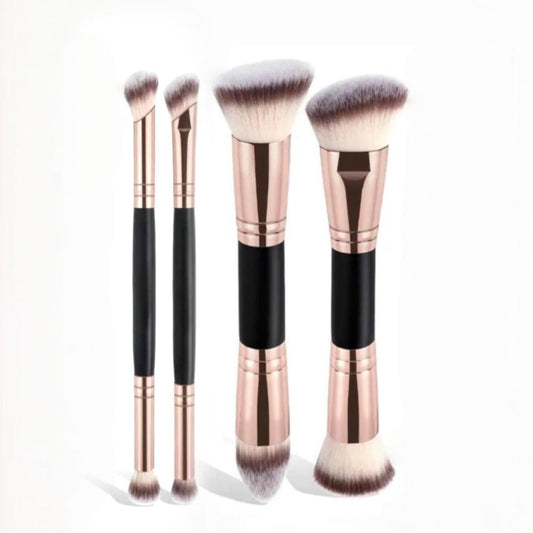 Makeup brush set, soft bristles with rose-gold handles and black grips, four dual-ended brushes