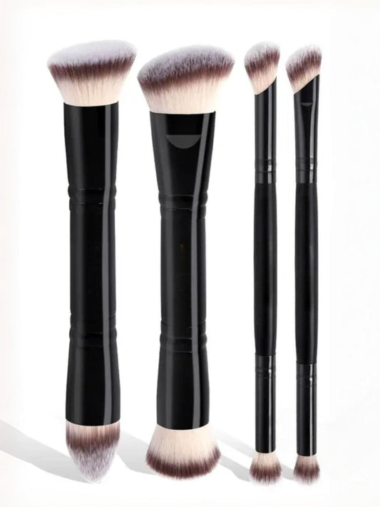 4-piece dual-ended makeup brush set with soft light bristles and black handles
