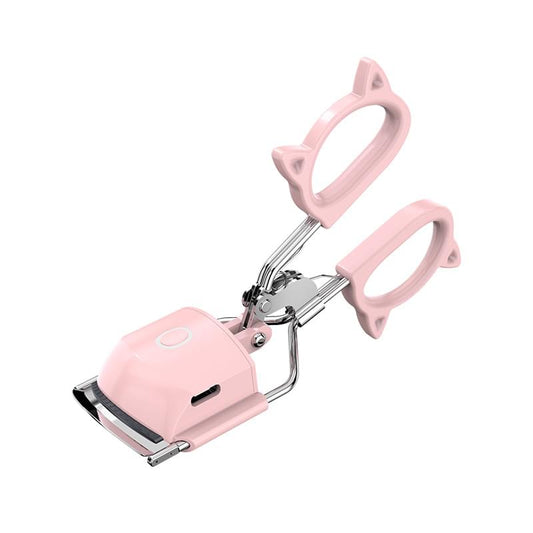 Pink heated eyelash curler with cat-ear handle and clamp tips