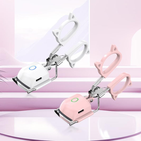White and pink heated eyelash curler with cat-ear handle, clamp and control buttons