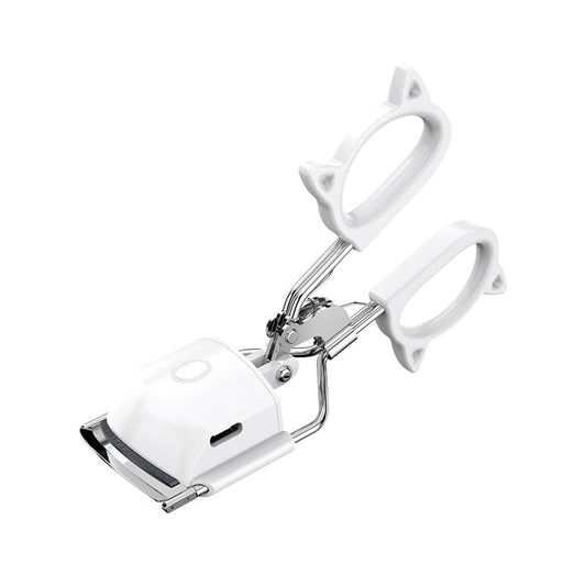 White heated eyelash curler with cat-ear handles and heated clamp