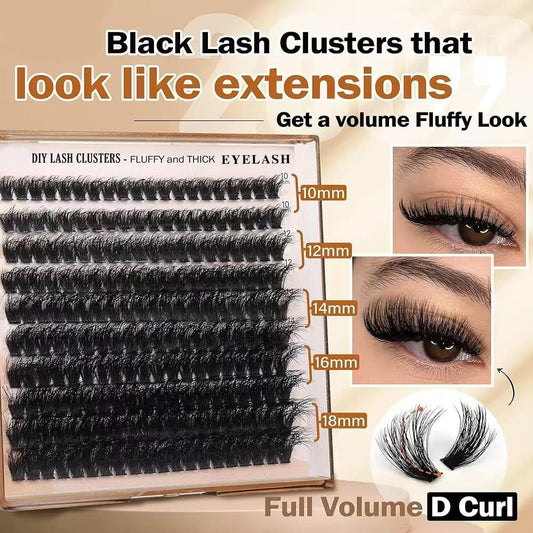 Black D-curl faux mink lash clusters, mixed lengths 10–18mm, fluffy volume set