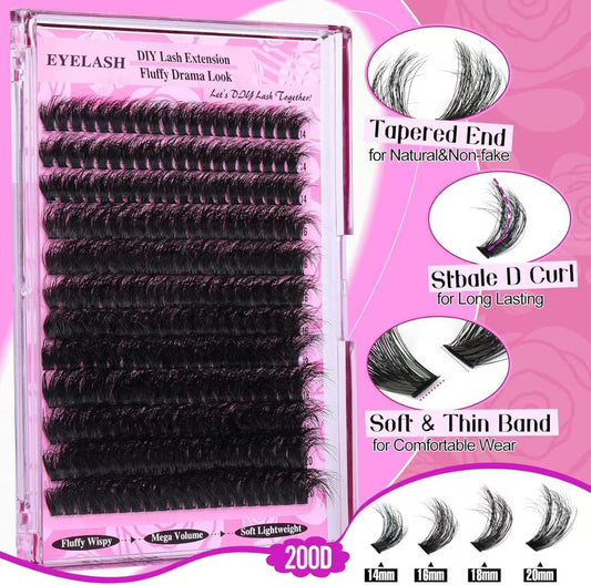 DIY faux mink lash clusters, black D-curl, mixed lengths 14–20mm in clear tray