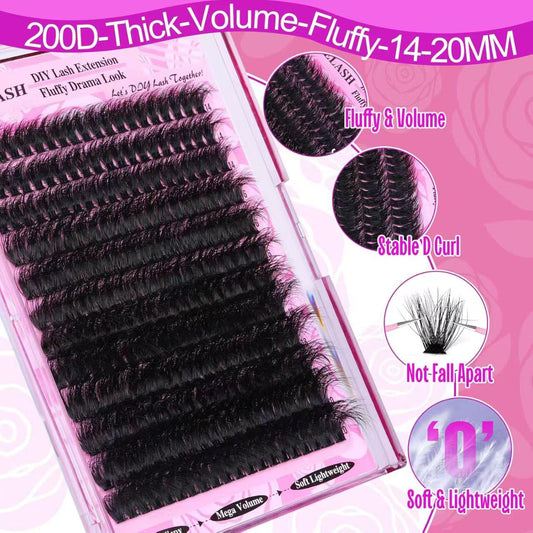 Black lash cluster strip set, mega volume 200D look, D-curl, 14–20mm