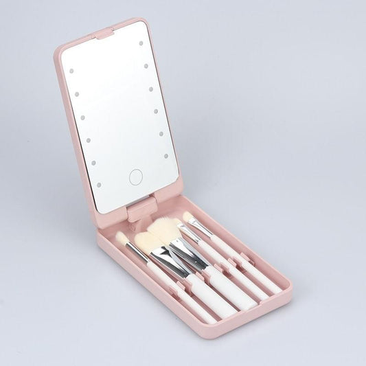 Pink LED light makeup mirror set with 5 cosmetic brushes in storage case