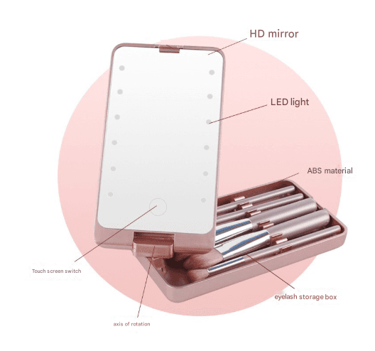 Lighted HD makeup mirror and 5-piece brush set in pink ABS storage case, open
