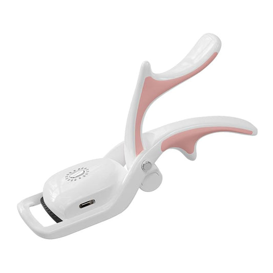 White electric heated eyelash curler with USB charging port and pink silicone pad