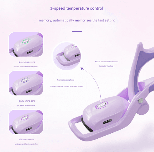 White and purple electric heated eyelash curler with USB port and heating pad