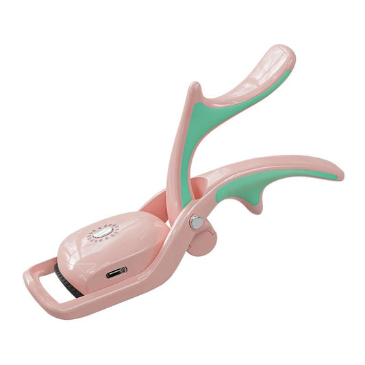 Pink and green heated eyelash curler with curved handle and lash clamp