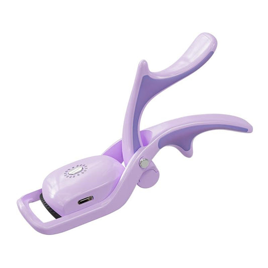 Purple electric heated eyelash curler with open clamp and rechargeable base.
