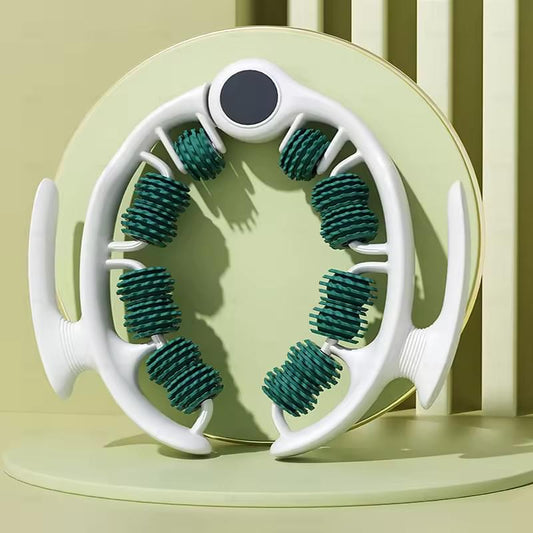 360 degree leg roller massager with white frame and green spiked rollers