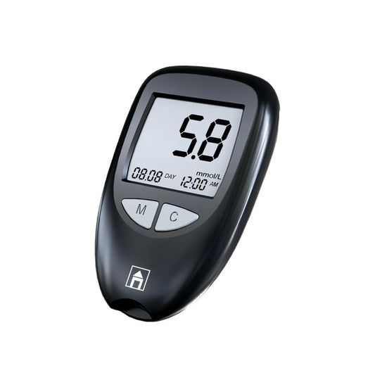 Black blood glucose meter with LCD display showing 5.9