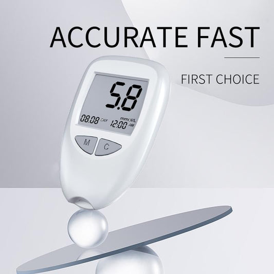 White blood glucose meter with digital screen reading 58 and control buttons